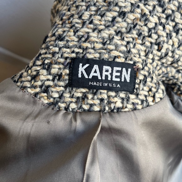 Vintage 100% Wool Coat Houndstooth Grey and Tan KAREN brand - Picture 3 of 10